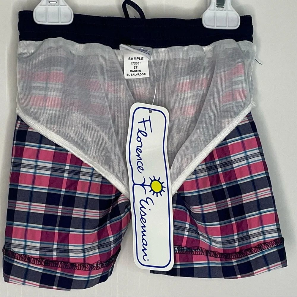 Florence Eiseman Boys Seersucker Plaid Swim Trunks Navy Pink 2T